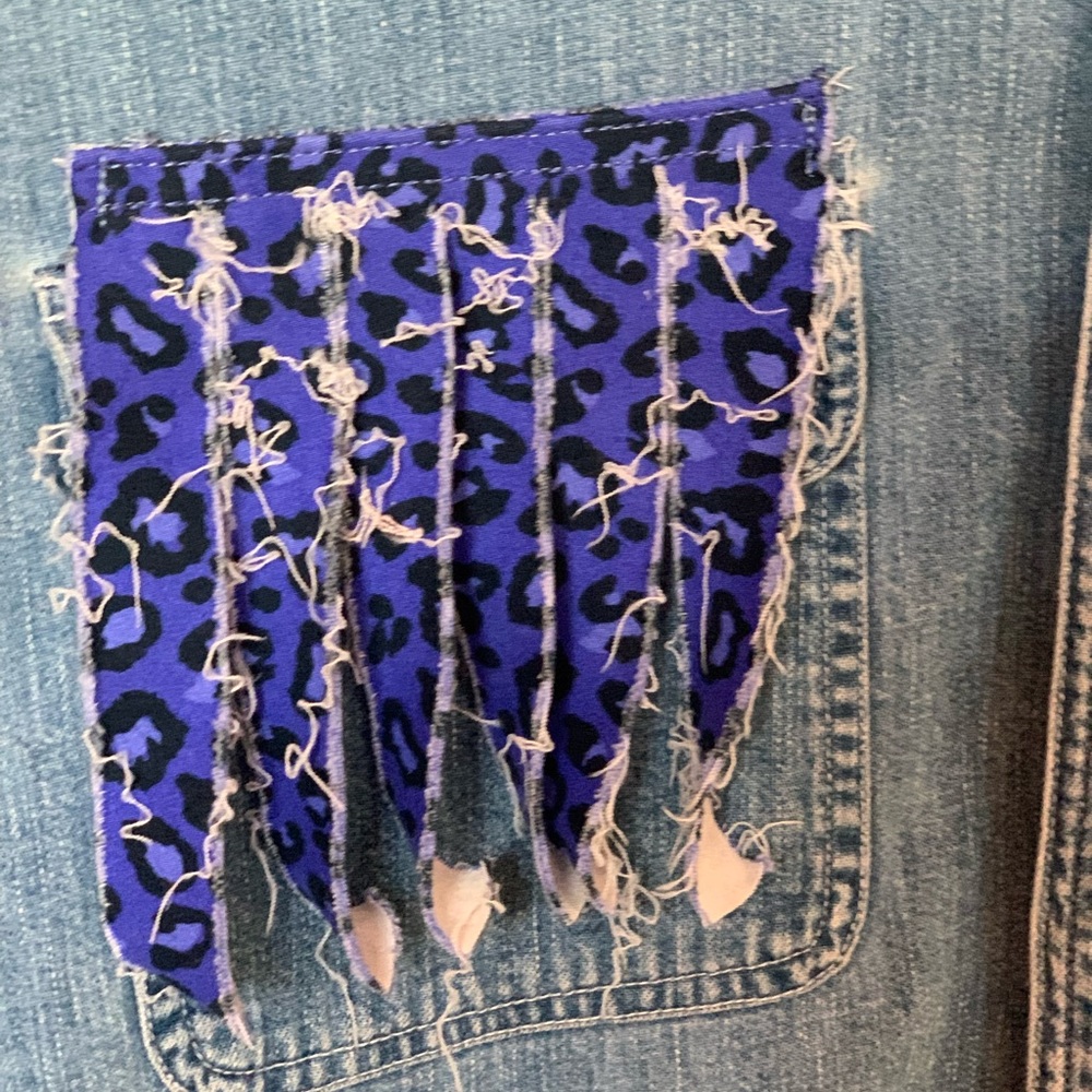 UpCycled Recycled Vintage Denim Shirt Leopard  Fall Pumpkin Boho Y2K Halloween - Picture 5 of 6